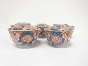 古伊万里　染錦　蓋茶碗　5客